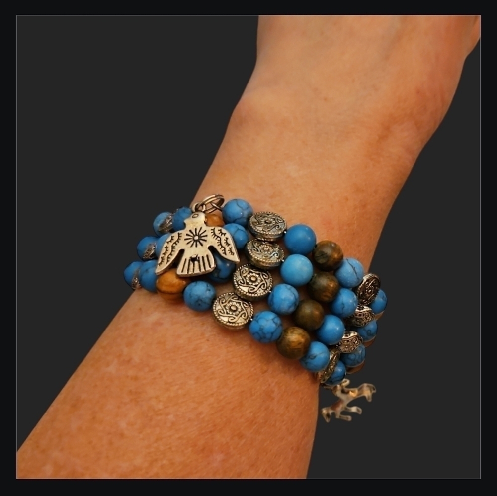 HANDMADE Howlite Olive Rosewood Beaded Wrap Western Chunky Bracelet